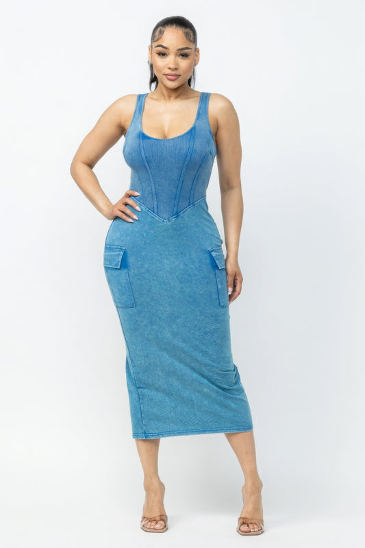 Dragonfly Lane Boutique Acid Washed Cargo Midi Dress APPAREL