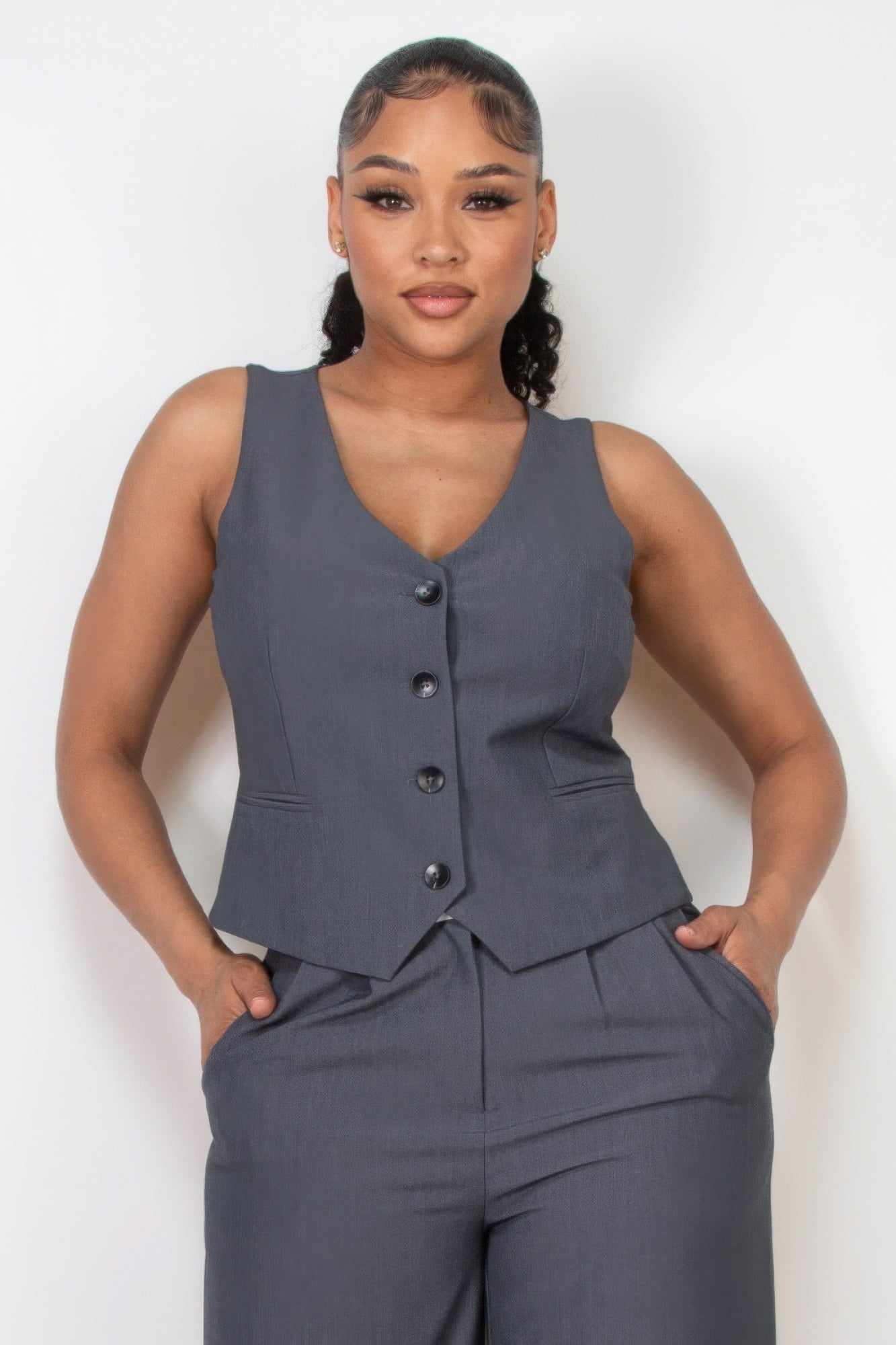 Dragonfly Lane Boutique Buttoned Solid V-neck Vest Top APPAREL