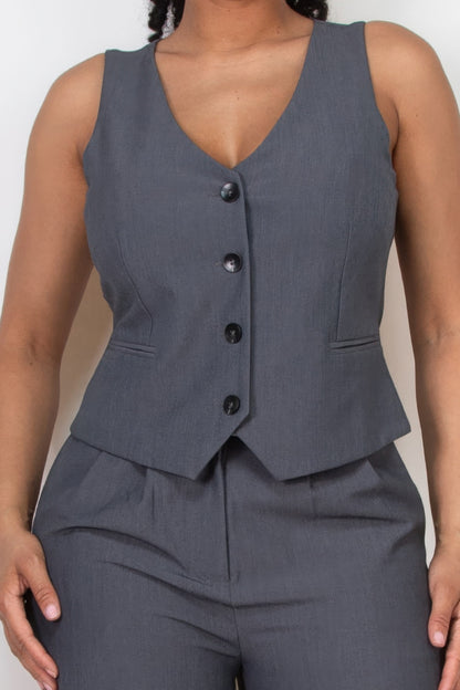 Dragonfly Lane Boutique Buttoned Solid V-neck Vest Top APPAREL