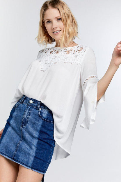 Cute Floral Mesh Lace Accent Yoke Crochet Detailed Tie-back Bell Sleeve Blouse Top