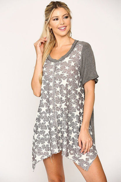 Star Textured Knit Mixed Tunic Top With Shark Bite Hem