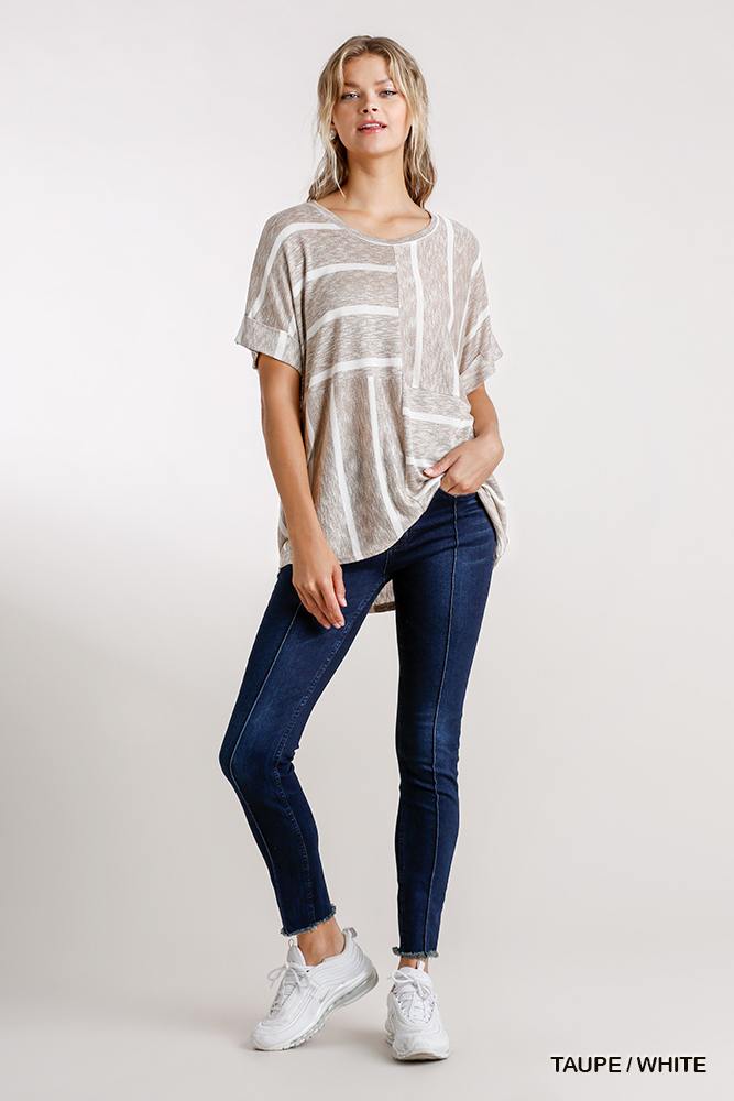 Horizontal And Vertical Striped Short Folded Sleeve Top With High Low Hem