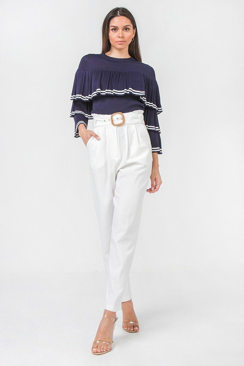 A Solid Pant Featuring Paperbag Waist With Rattan Buckle Belt