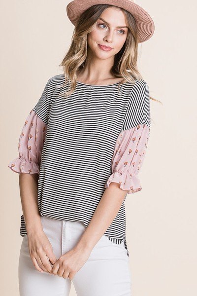 Cute Striped Curved Hem Casual Top