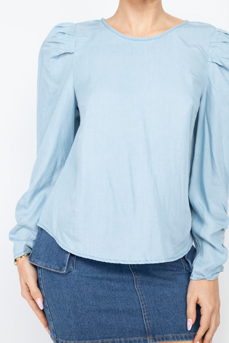 Shirring Puff Sleeves Denim Top