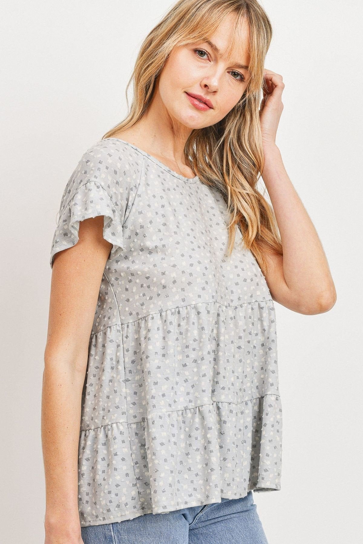 Dot Textured Print Jersey Ruffled Short Sleeve Top