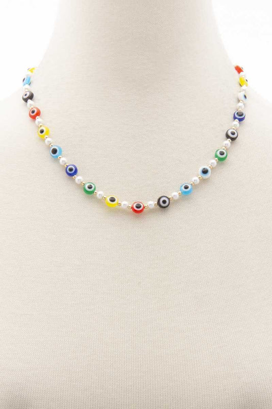 Dragonfly Lane Boutique Evil Eye Pearl Bead Necklace