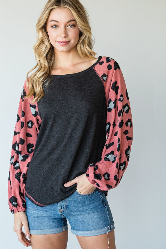 Round Neckline And Animal Print Color Block Top