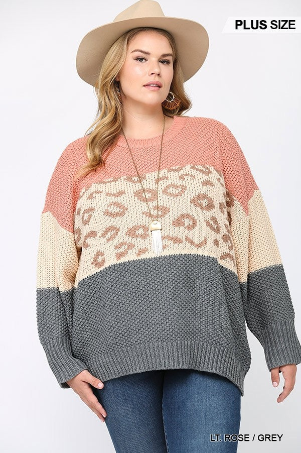 Dragonfly Lane Boutique Color Block And Leopard Pattern Mixed Pullover Sweater