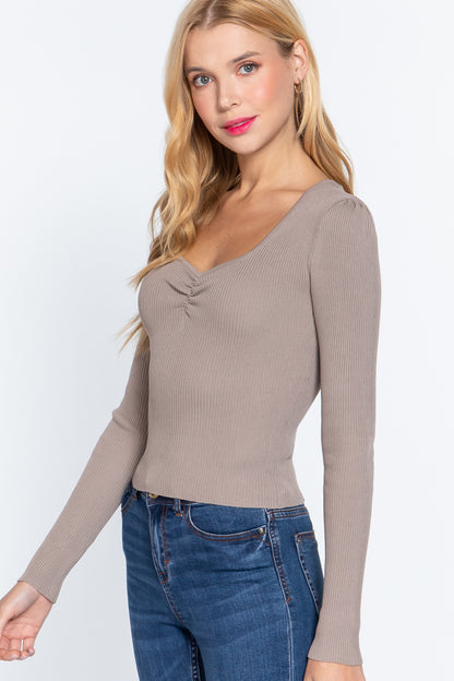 Dragonfly Lane Boutique Shirring Sweatheart Neck Sweater