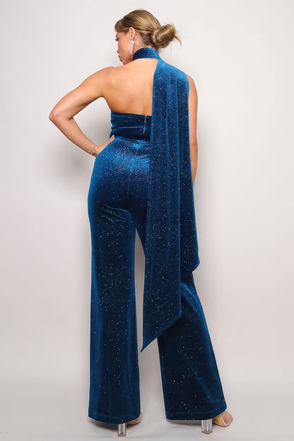 Dragonfly Lane Boutique Scarf Top Glitter Velvet Jumpsuit SALE