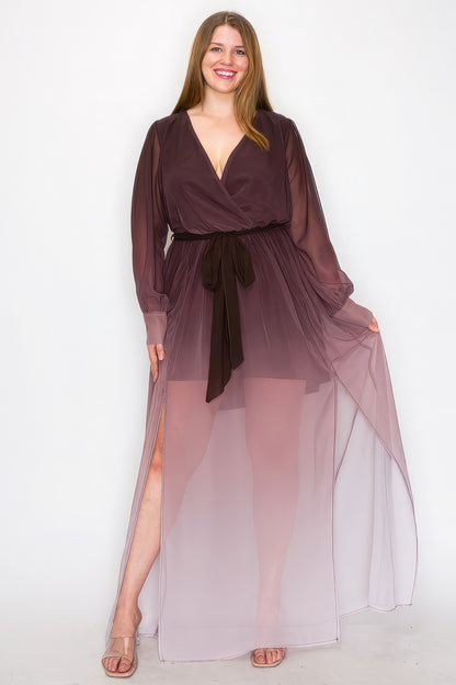 Ombre Chiffon Wrap Front Long Sleeve Tie Waist Slit Front Maxi Dress