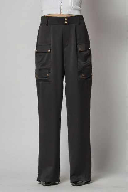 Satin Cargo Pocket Wide Leg Pants