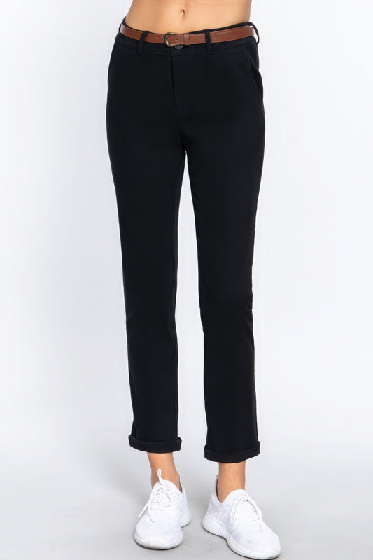 Dragonfly Lane Boutique Cotton-span Twill Belted Long Pants