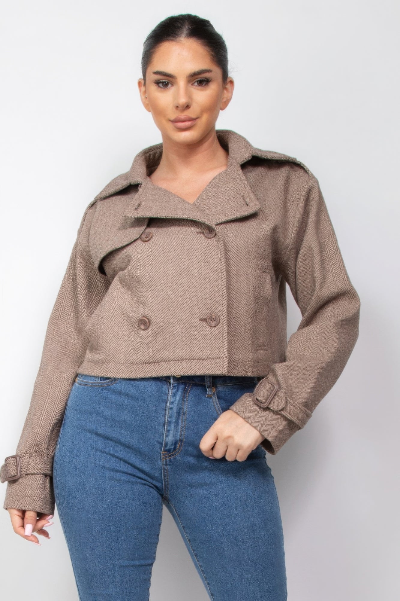 Notch Buckled Sleeve Crop Trench Coat, classic style