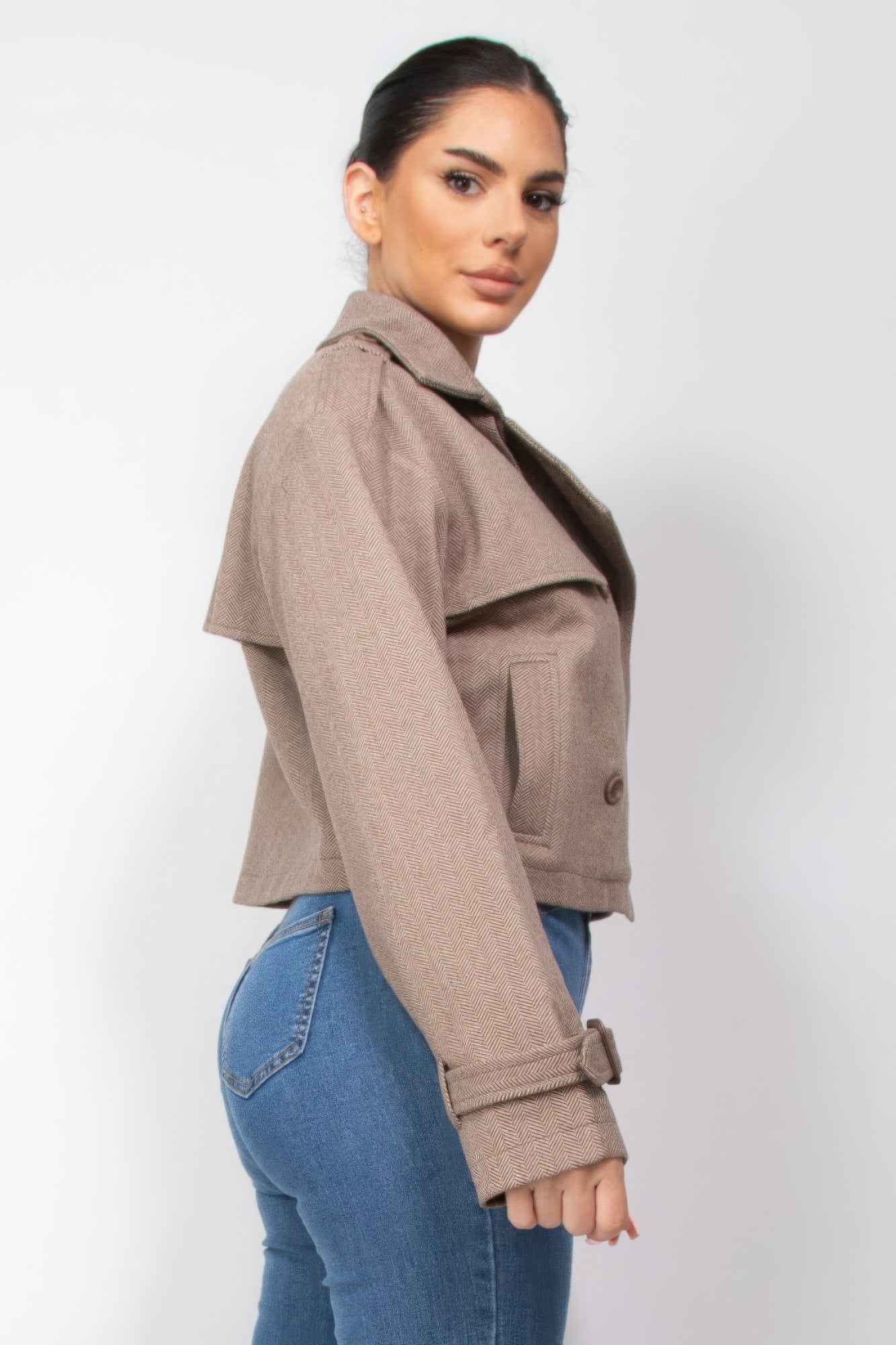 Notch Buckled Sleeve Crop Trench Coat, classic style