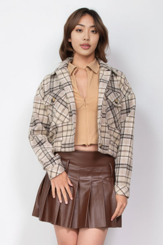 Plaid Button-down Crop Jacket, Crafted from 100% Polyester