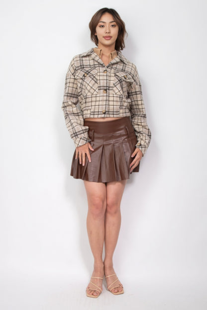 Plaid Button-down Crop Jacket, Crafted from 100% Polyester