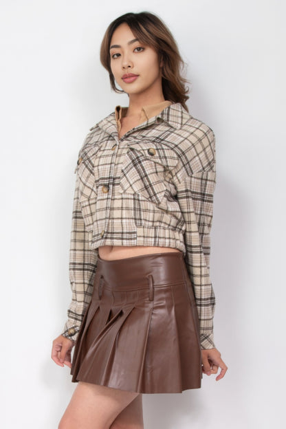 Plaid Button-down Crop Jacket, Crafted from 100% Polyester