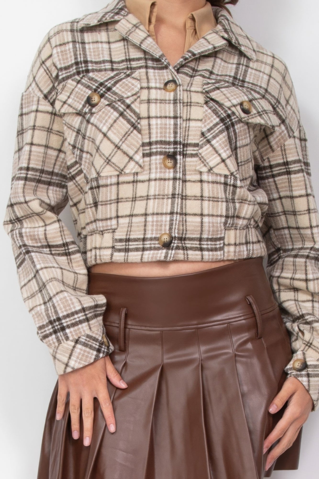 Plaid Button-down Crop Jacket, Crafted from 100% Polyester