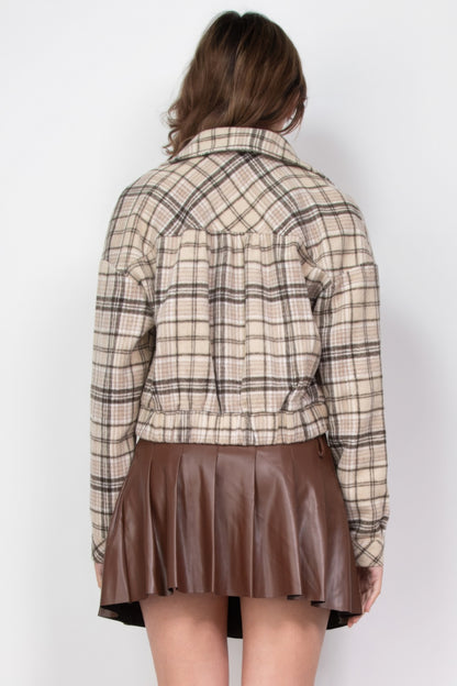 Plaid Button-down Crop Jacket, Crafted from 100% Polyester