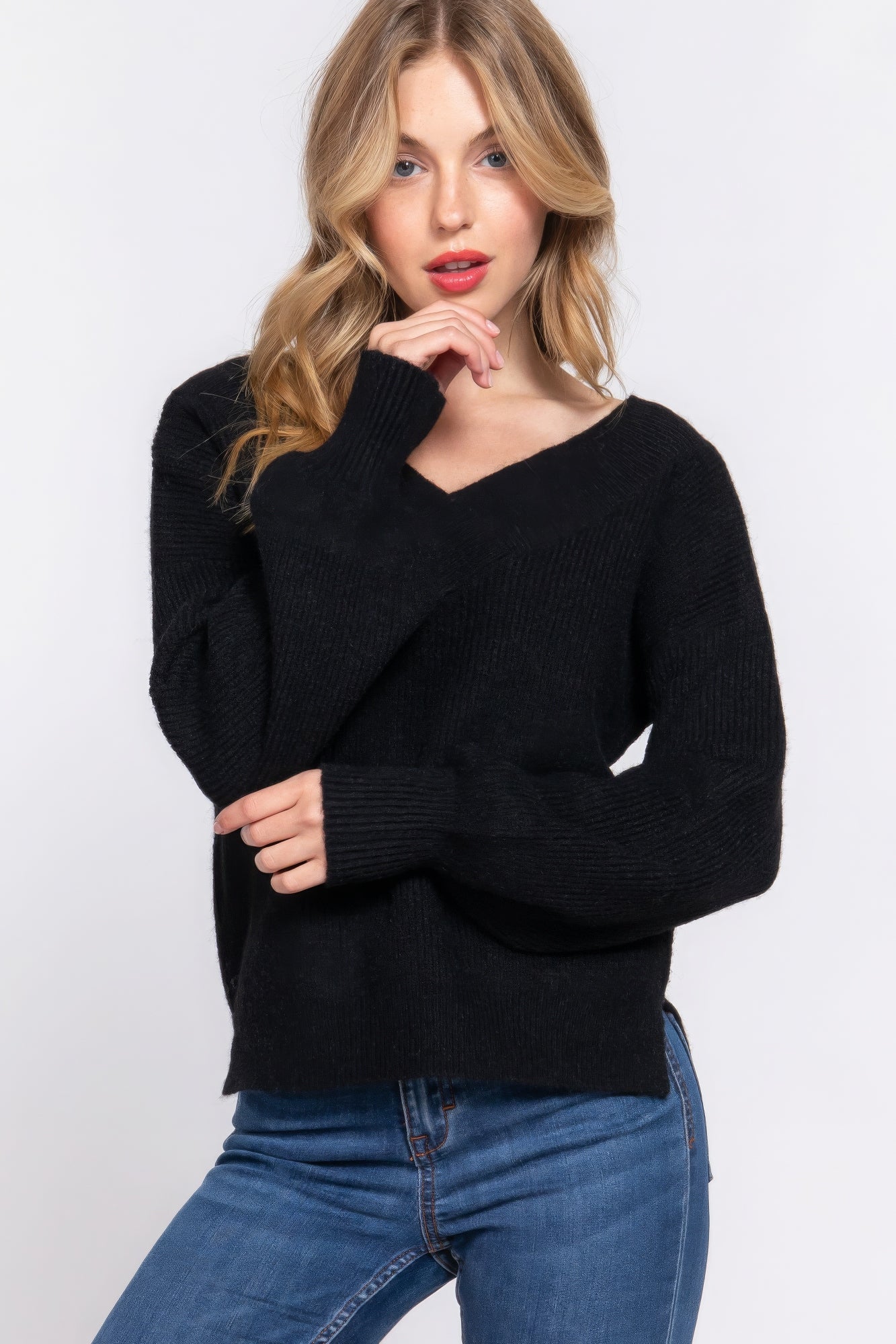 Long Slv Double V-neck Sweater,  a versatile addition