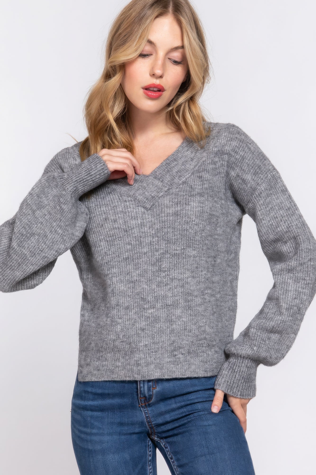 Long Slv Double V-neck Sweater,  a versatile addition