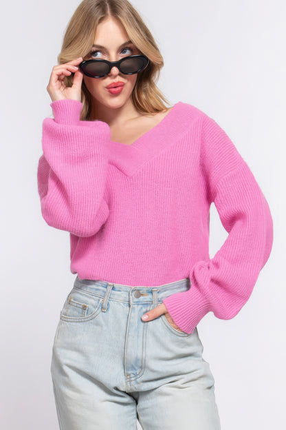 Long Slv Double V-neck Sweater,  a versatile addition