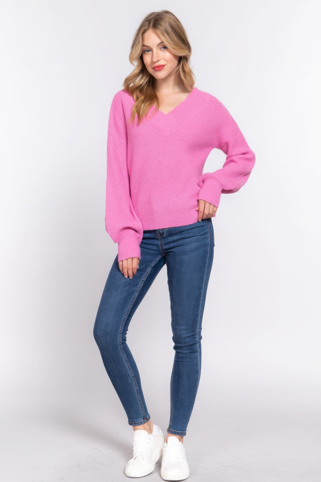 Long Slv Double V-neck Sweater,  a versatile addition