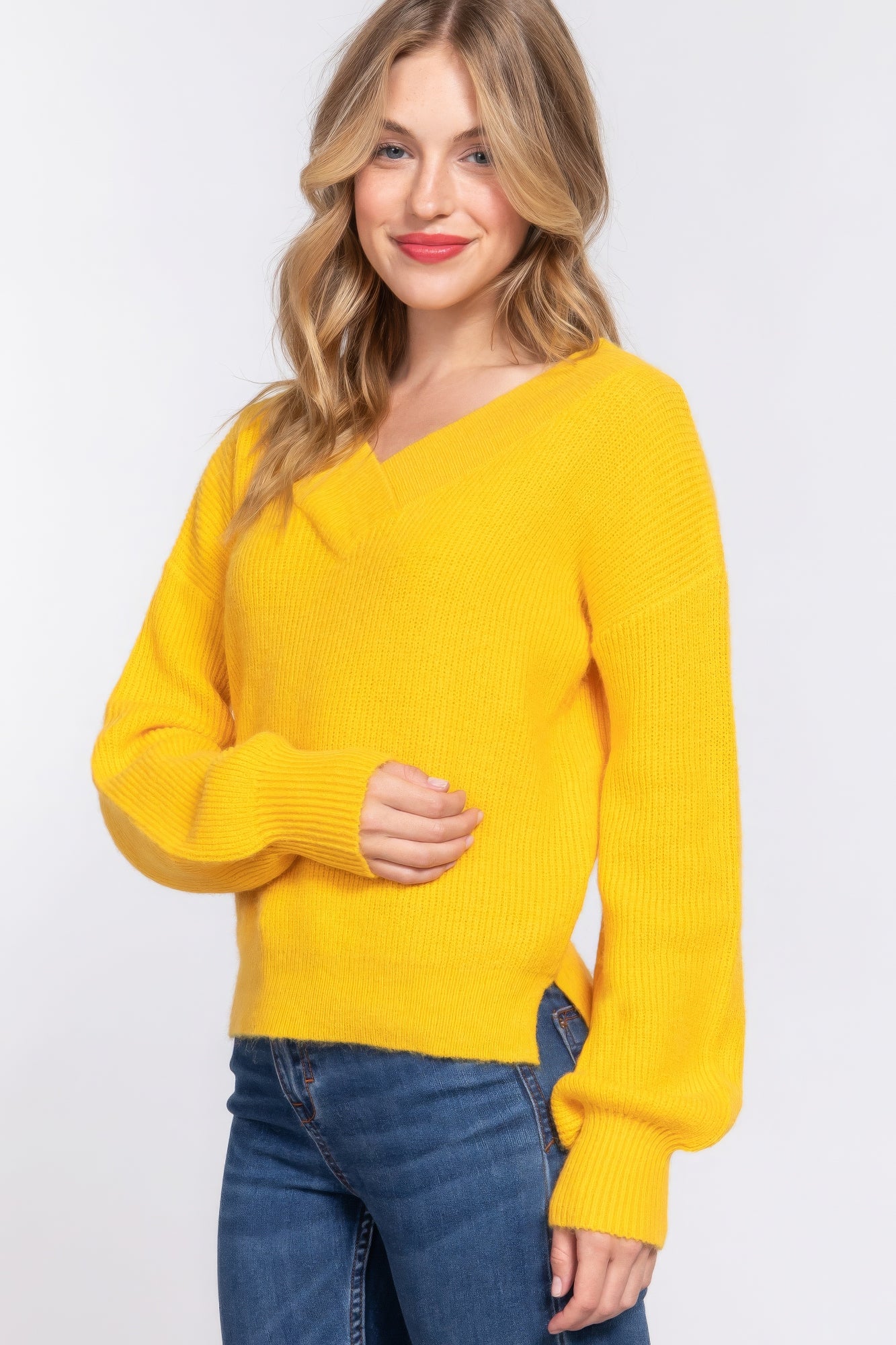 Long Slv Double V-neck Sweater,  a versatile addition