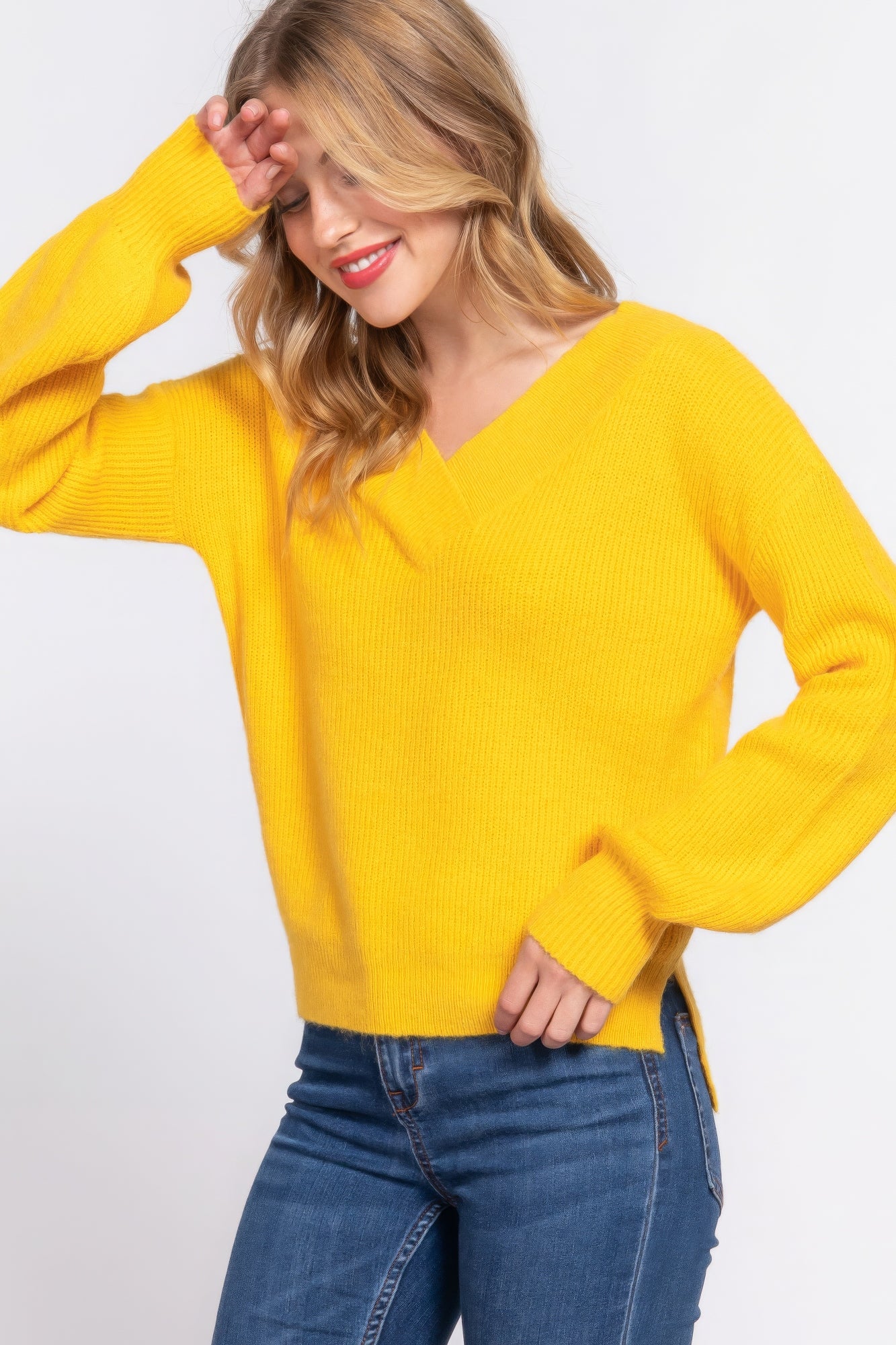 Long Slv Double V-neck Sweater,  a versatile addition