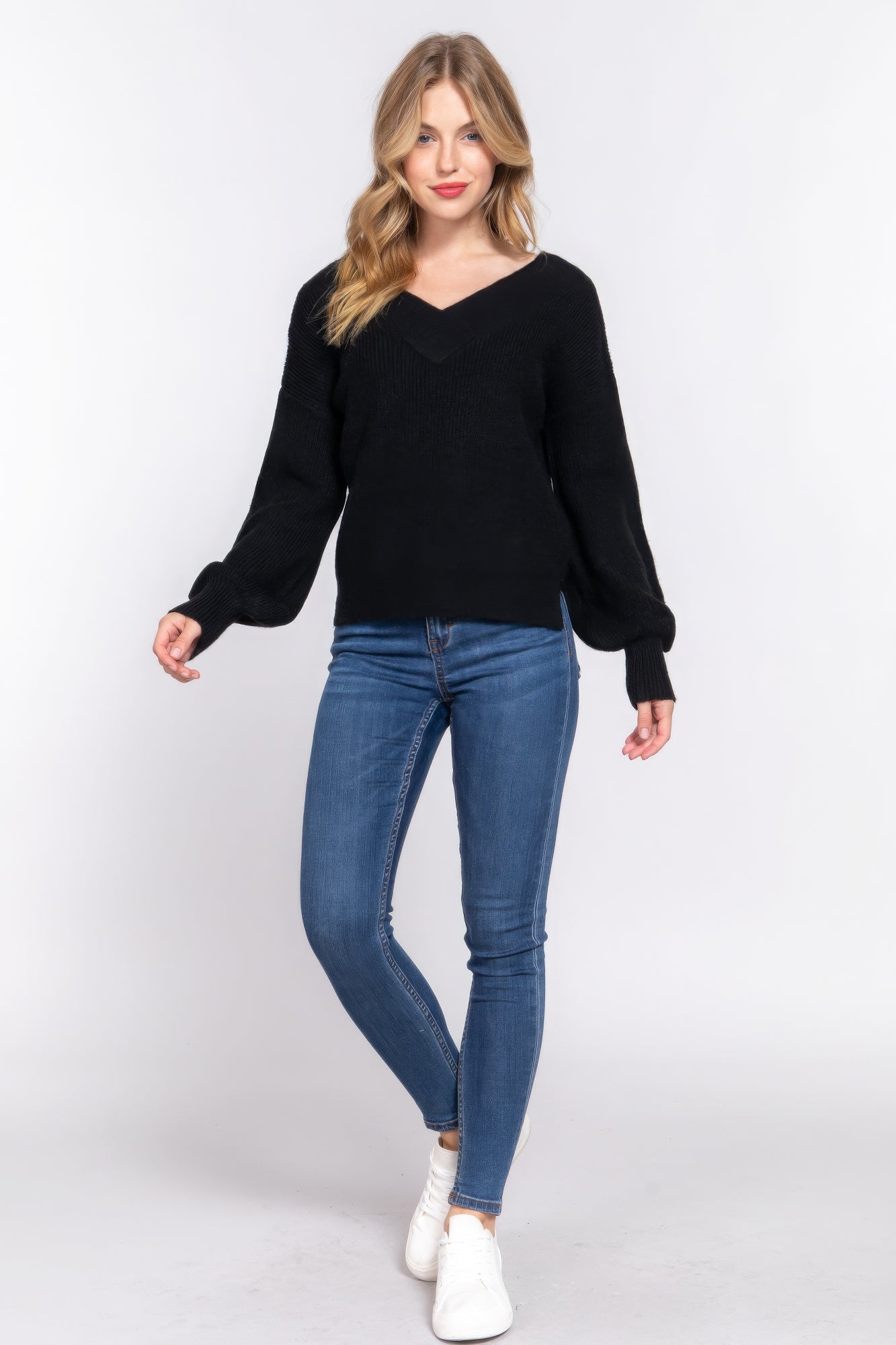 Long Slv Double V-neck Sweater,  a versatile addition