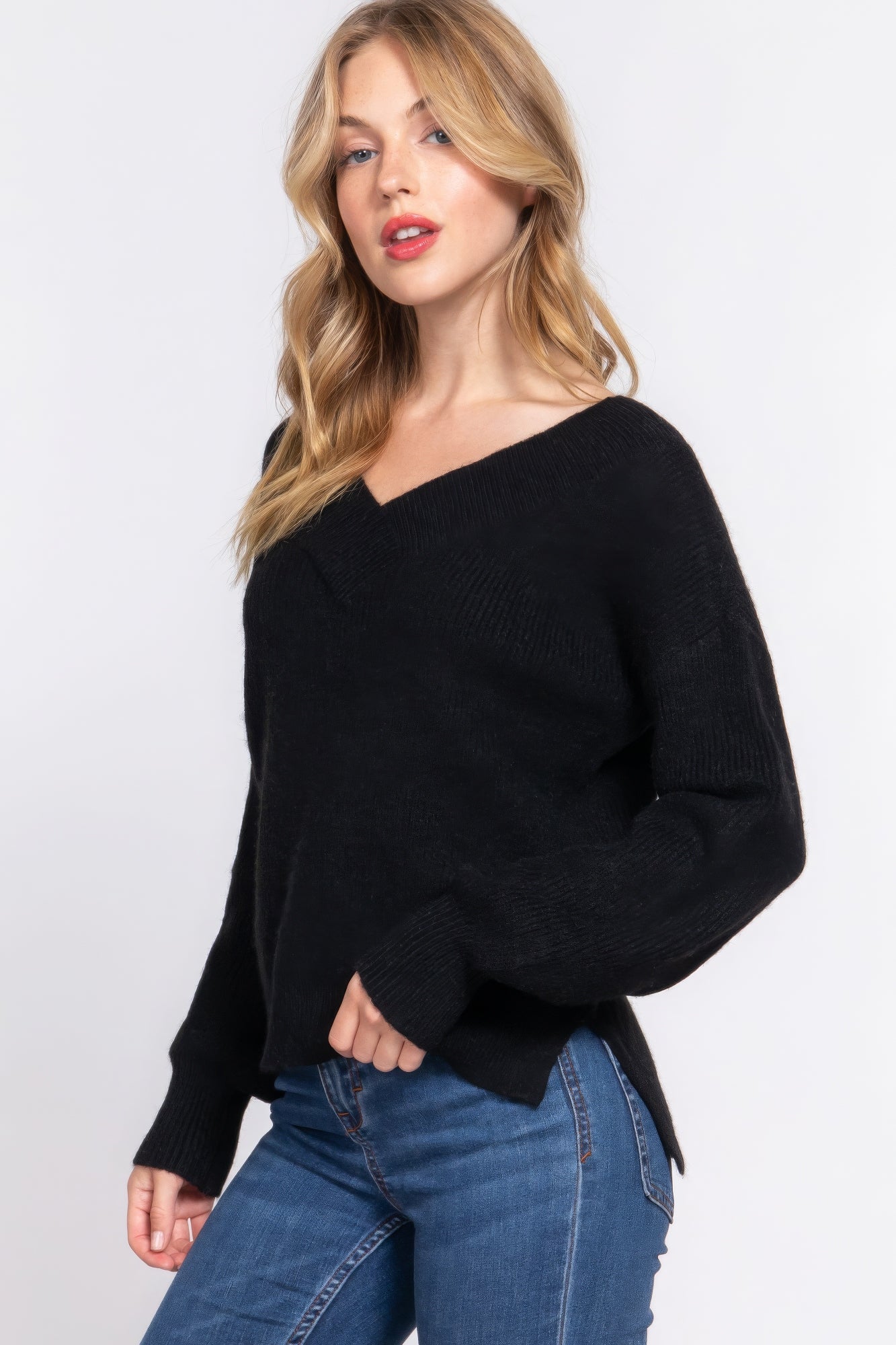 Long Slv Double V-neck Sweater,  a versatile addition