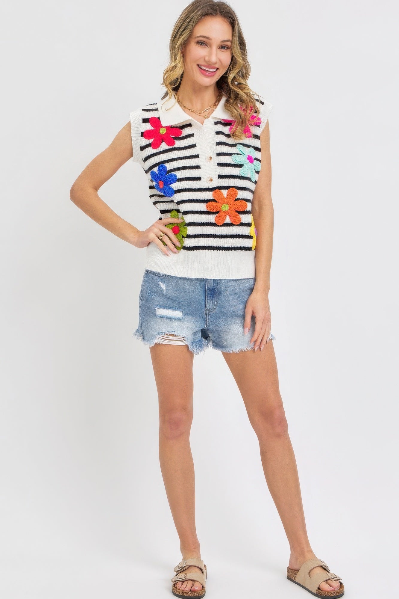 Flower Patch Stripe Knit Top, stylish and versatile top