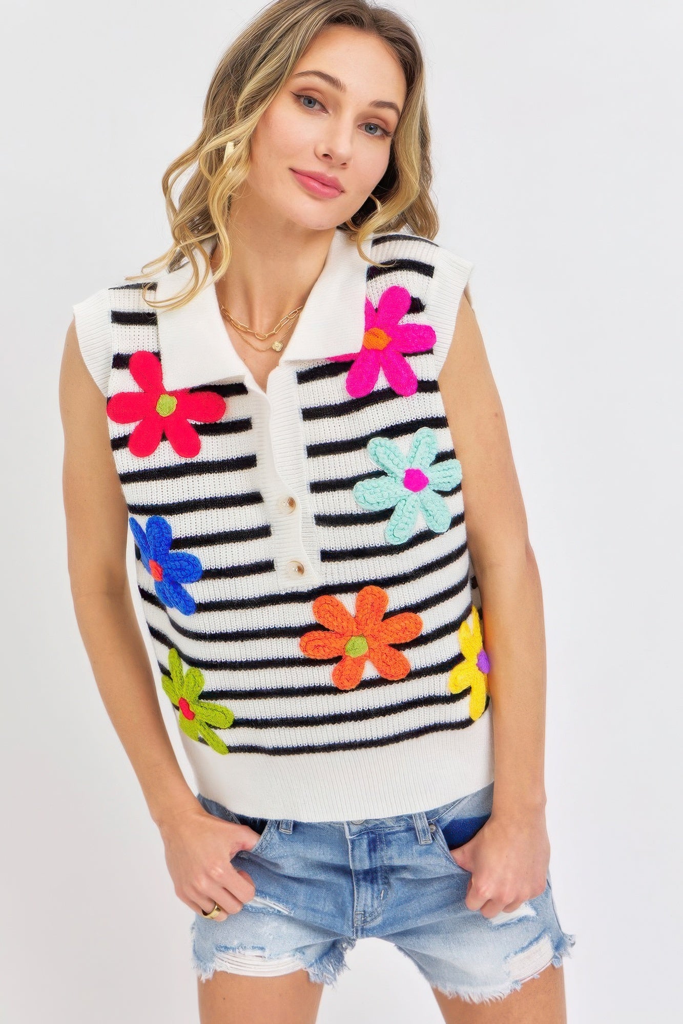 Flower Patch Stripe Knit Top, stylish and versatile top