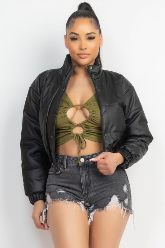 Snap Button Padded Crop Jacket, trendy jacket.