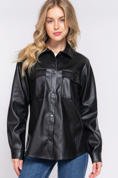 Long Sleeve Faux Leather Shacket, combines the structure of a shirt with the attitude of a jacket