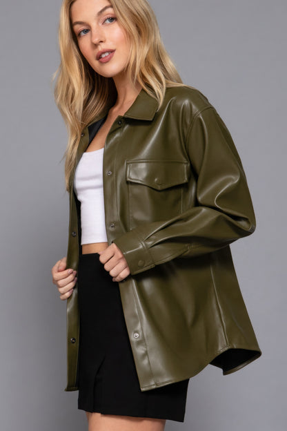 Long Sleeve Faux Leather Shacket, combines the structure of a shirt with the attitude of a jacket