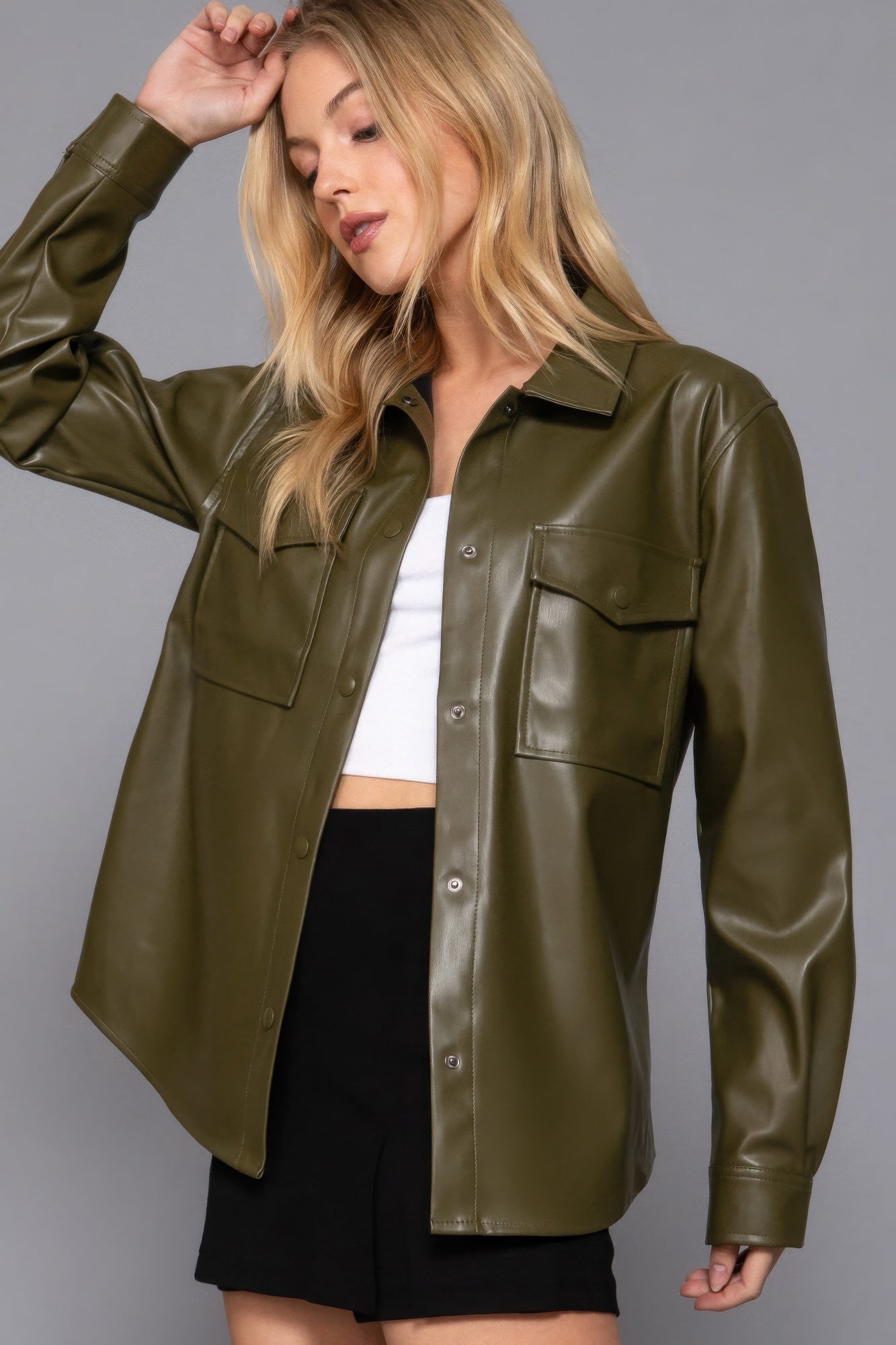 Long Sleeve Faux Leather Shacket, combines the structure of a shirt with the attitude of a jacket