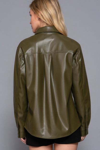 Long Sleeve Faux Leather Shacket, combines the structure of a shirt with the attitude of a jacket