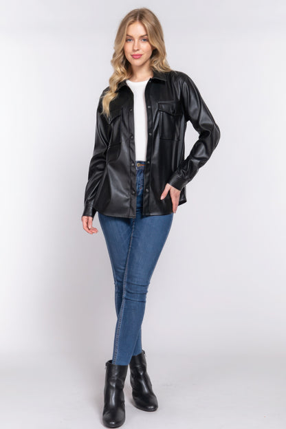 Long Sleeve Faux Leather Shacket, combines the structure of a shirt with the attitude of a jacket