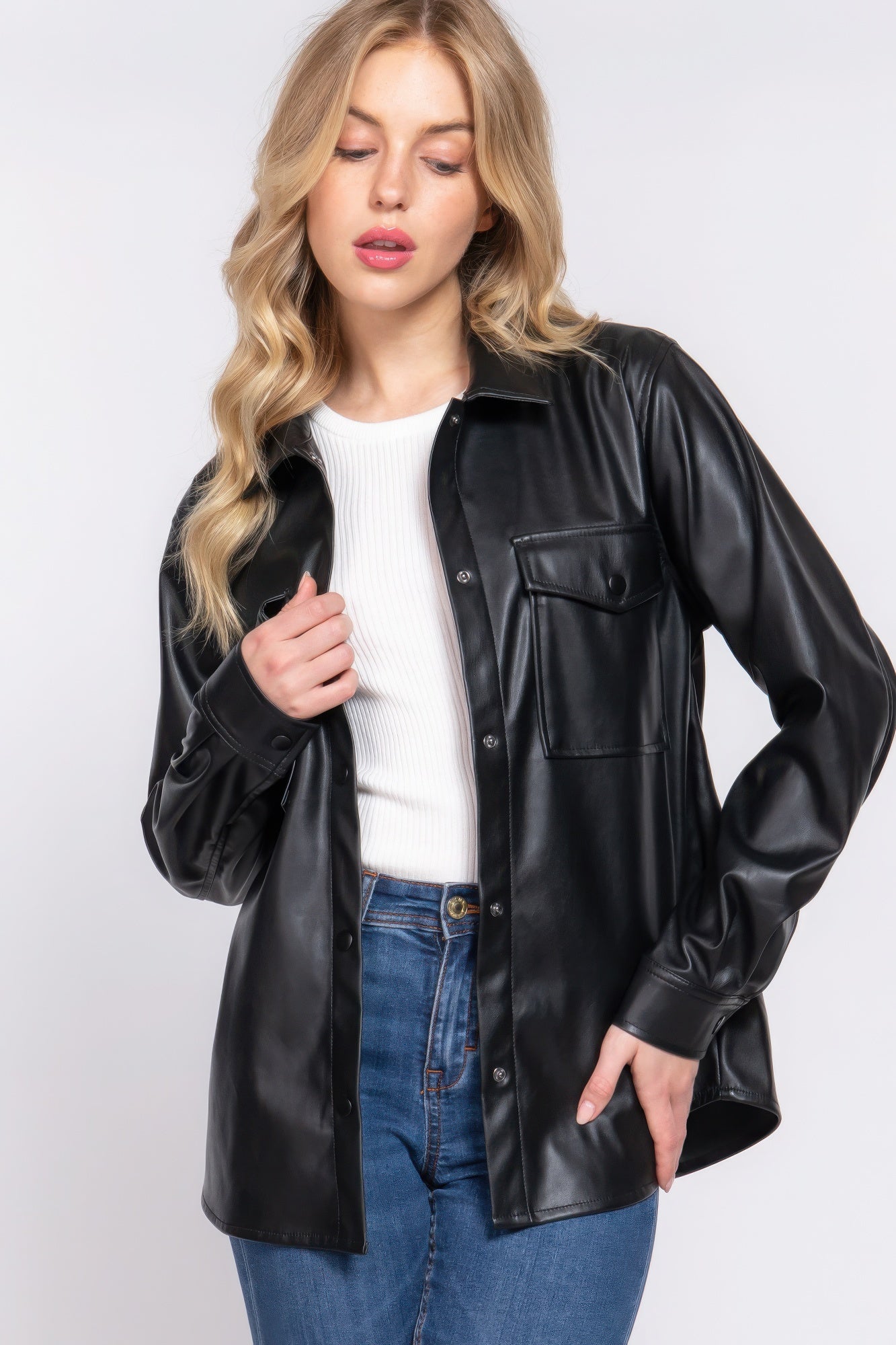 Long Sleeve Faux Leather Shacket, combines the structure of a shirt with the attitude of a jacket