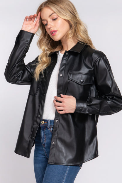 Long Sleeve Faux Leather Shacket, combines the structure of a shirt with the attitude of a jacket