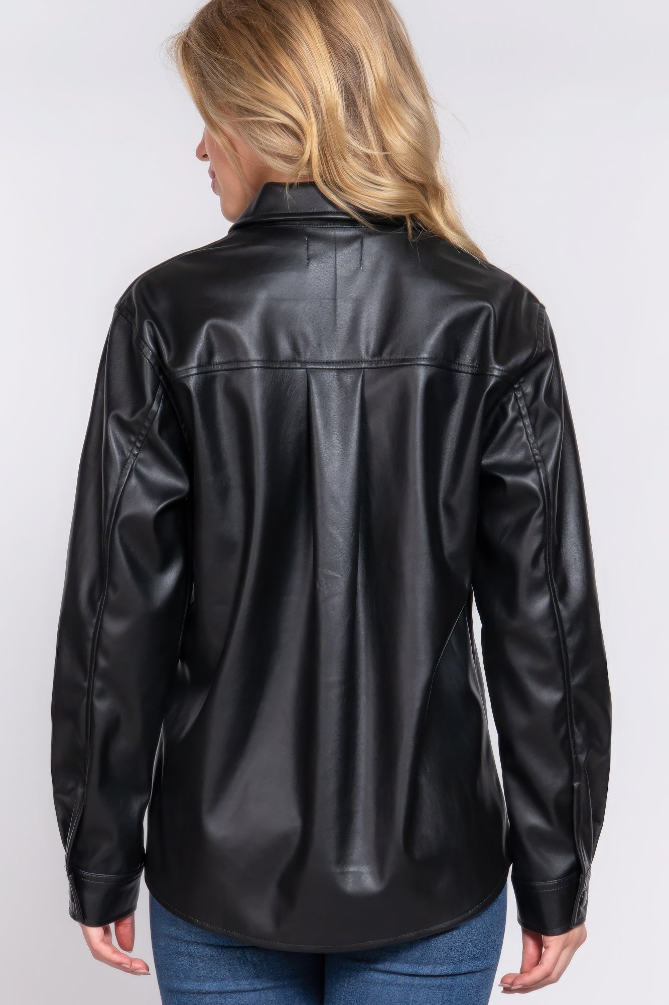 Long Sleeve Faux Leather Shacket, combines the structure of a shirt with the attitude of a jacket