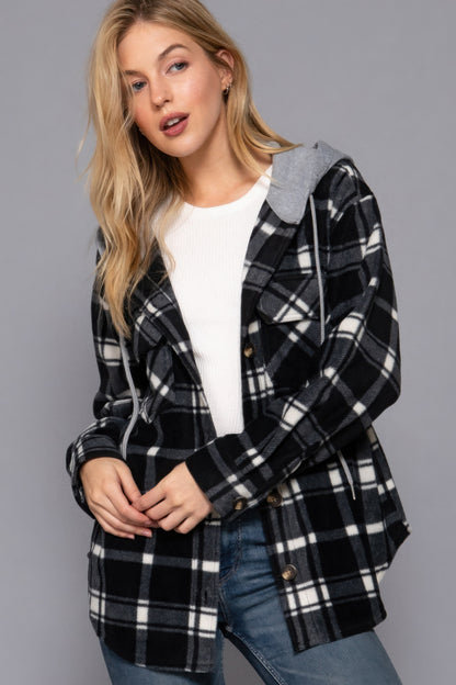 Plaid Print Hoodie Fleece Jacket, in Black/Ivory, versatile piece