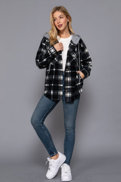 Plaid Print Hoodie Fleece Jacket, in Black/Ivory, versatile piece