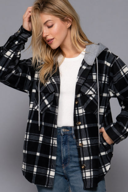 Plaid Print Hoodie Fleece Jacket, in Black/Ivory, versatile piece