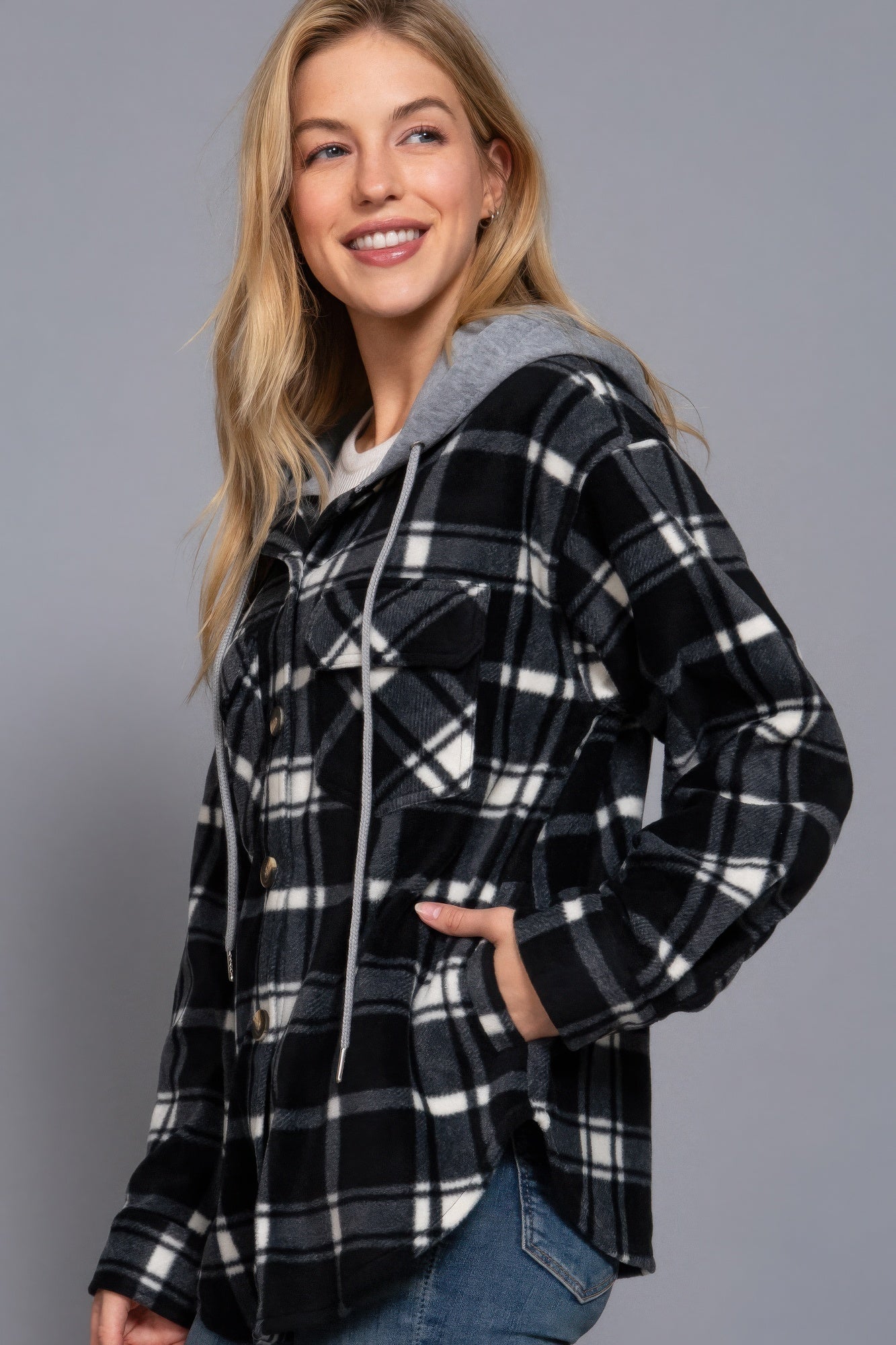 Plaid Print Hoodie Fleece Jacket, in Black/Ivory, versatile piece