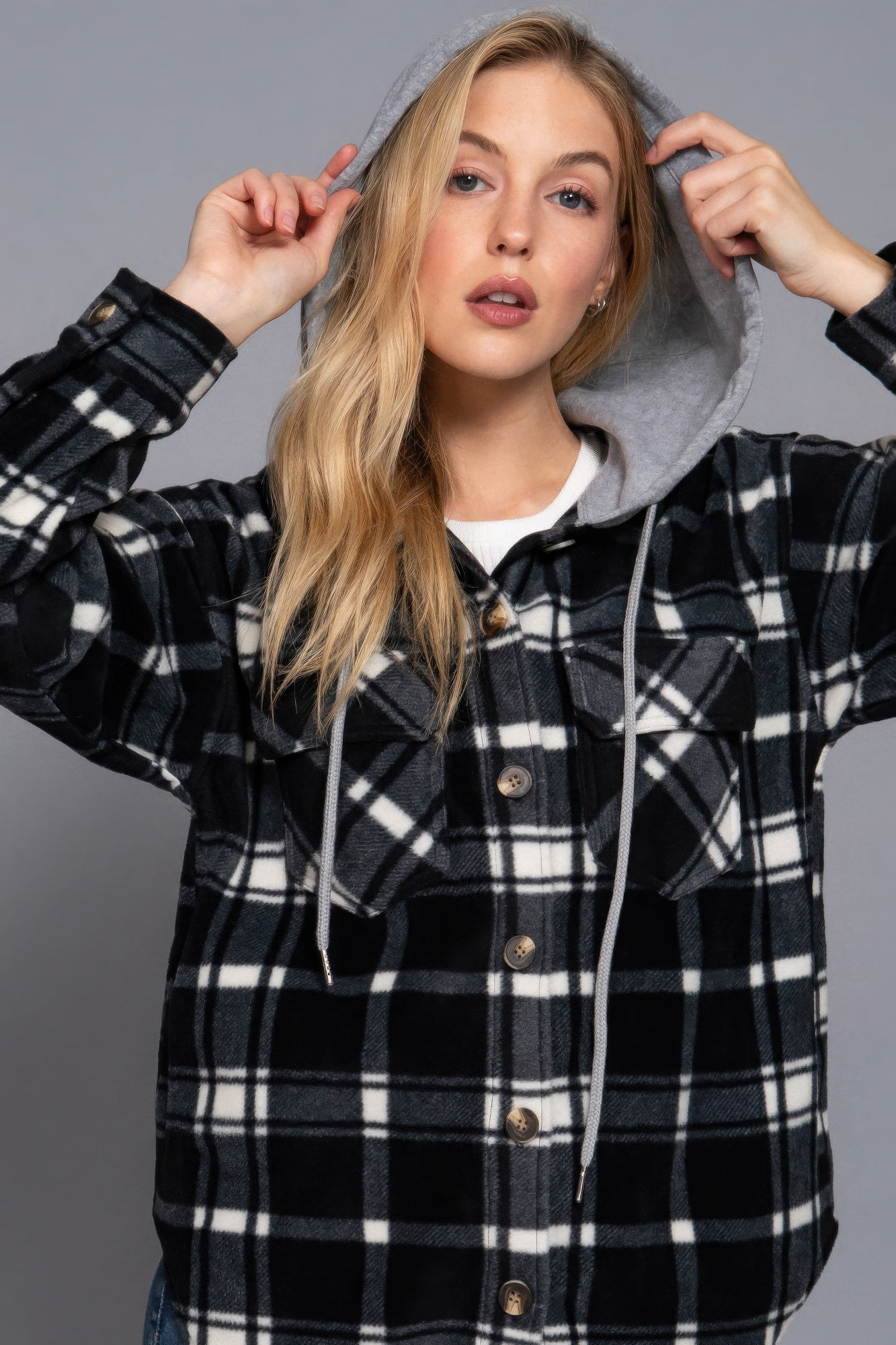 Plaid Print Hoodie Fleece Jacket, in Black/Ivory, versatile piece