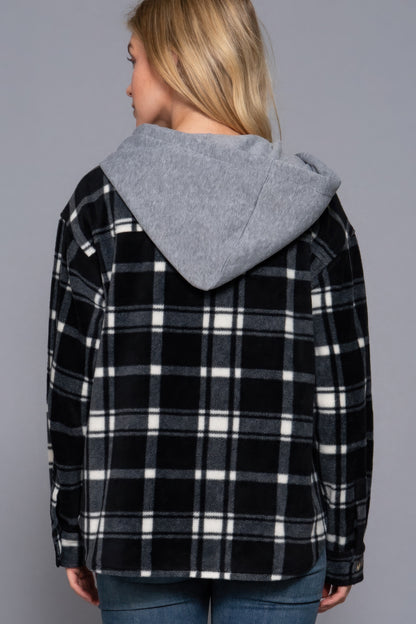 Plaid Print Hoodie Fleece Jacket, in Black/Ivory, versatile piece